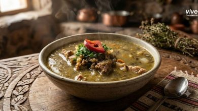 Chairo puneño preparado con chuño, carne, papas, habas y hierbabuena