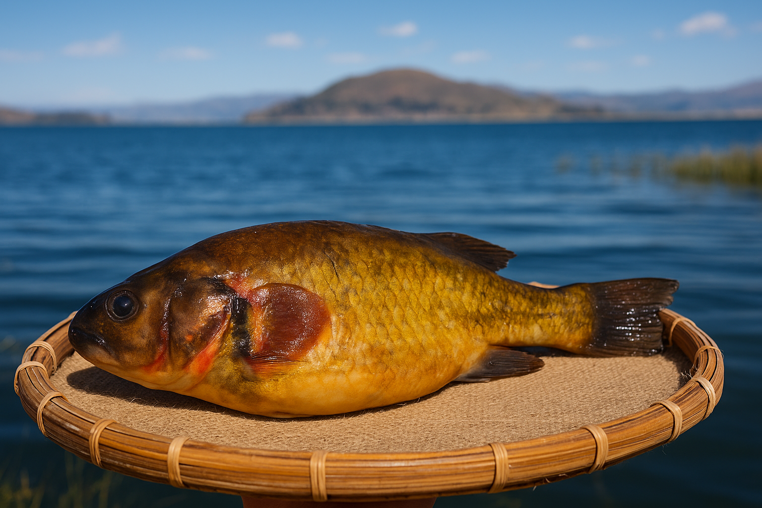 Carachi del lago Titicaca sobre una bandeja frente al agua, símbolo de la gastronomía y biodiversidad andina